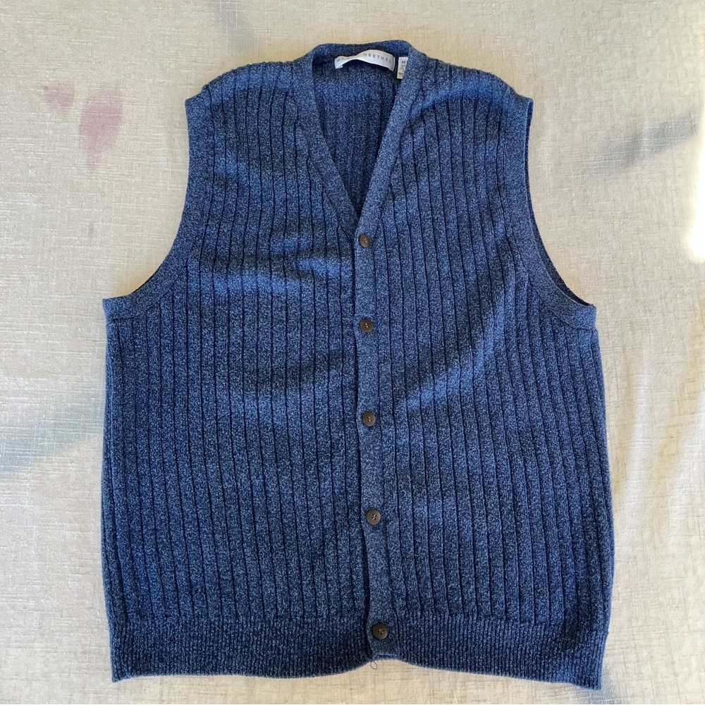 HENRY GRETHEL Sweater Vest Mens M Knitted Blue Yarn Button Up.